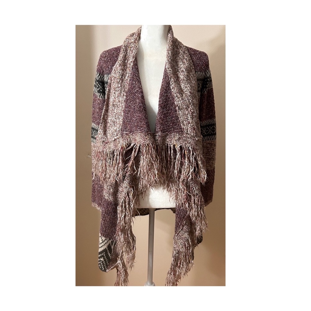 Knox Rose Cardigan Cotton Wool Blend XS Plum Black Fringe Excellent Boho